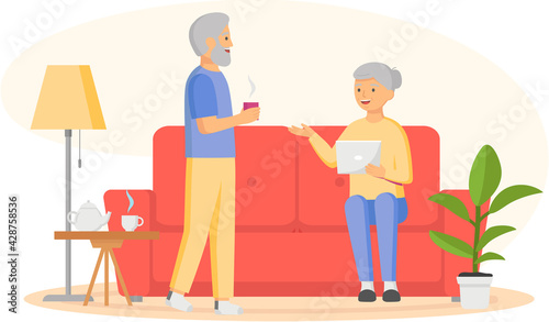 Old woman with laptop sitting on sofa. Elderly man and woman surfing internet with computer