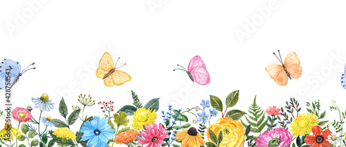 Spring or summer floral seamless border. Watercolor cute colorful wildflowers...