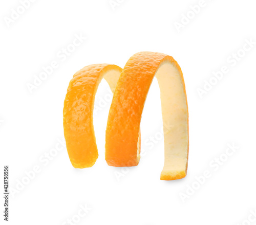 Spiral orange fruit peel isolated on white