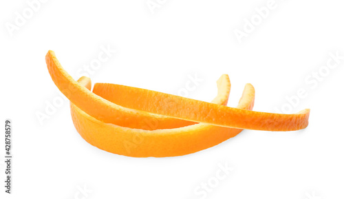 Fresh orange fruit peels on white background