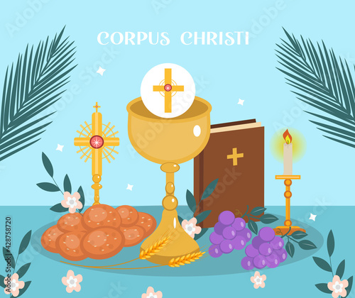 Corpus Christi Catholic religious holiday greeting card, template for your design. Feast Day, cross, bread, grapes. Vector illustration