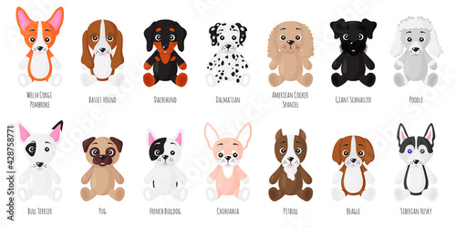 Vector cartoon set of sitting dogs of different breeds.