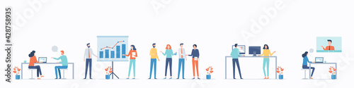 flat vector business people team working and set cartoon character design concept