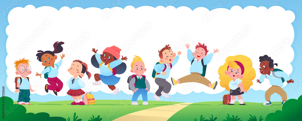 Horizontal banner with multiracial happy school kids group with backpacks smiling, jumping and having fun on green lawn in sunny day. Vector flat cartoon illustration. For advertising, packaging. Horizontal banner with multiracial happy school kids group with backpacks smiling, jumping and having fun on green lawn in sunny day. Vector flat cartoon illustration. For advertising, packaging.