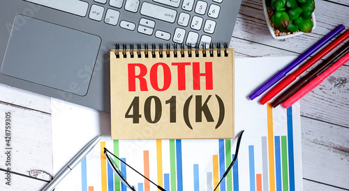 ROTH 401K written on a notepad with office tools,business concept photo