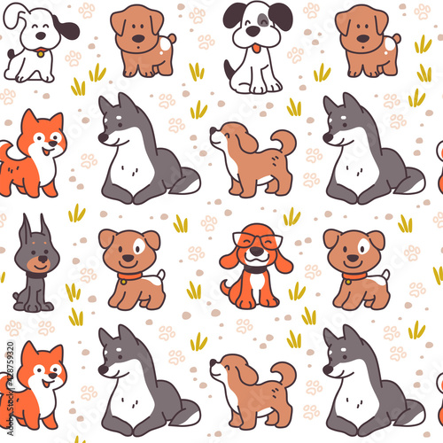 Fototapeta Naklejka Na Ścianę i Meble -  Seamless pattern design with cute little dog characters isolated on white background. Vector flat cartoon illustration. For kids gifts packaging, wrapping paper etc.