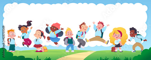 Horizontal banner with multiracial happy school kids group with backpacks smiling  jumping and having fun on green lawn in sunny day. Vector flat cartoon illustration. For advertising  packaging.