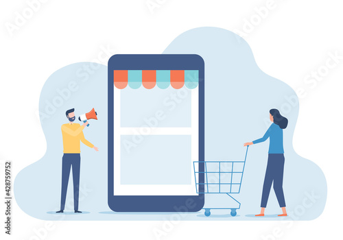 flat illustration design shopping online with mobile phone concept