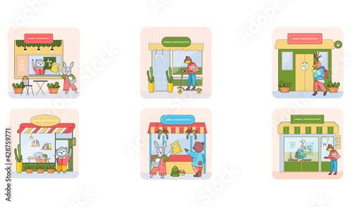 Animal kindergarten, cartoon wild baby animals attend classes and play games outside home scenes set