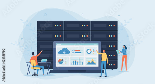 business technology cloud computing service concept and datacenter storage server connect on cloud with administrator and developer team working on dashboard monitor concept