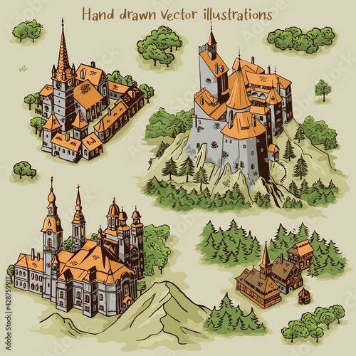 Hand drawn art settlements for cartography map work with colorful buildings and landscape from Transylvania architecture