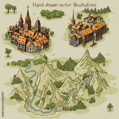 Hand drawn art settlements for cartography map work with colorful buildings and landscape from Transylvania architecture