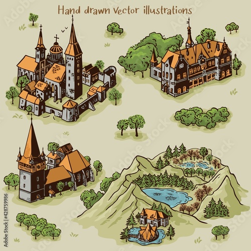 Hand drawn art settlements for cartography map work with colorful buildings and landscape from Transylvania architecture