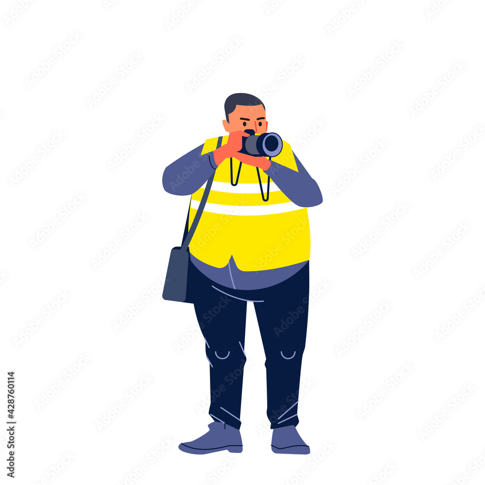 Photojournalist, cameraman documenting war and conflict, street riots. Character Journalist photographer making pictures. Cartoon flat style design vector illustration isolated on white background Photojournalist, cameraman documenting war and conflict, street riots. Character Journalist photographer making pictures. Cartoon flat style design vector illustration isolated on white background