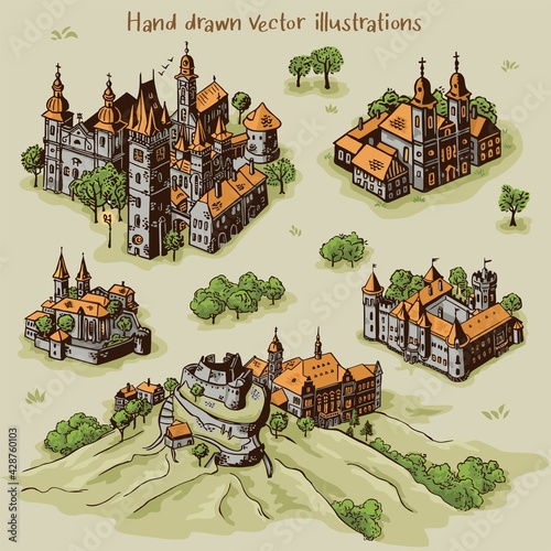 Hand drawn art settlements for cartography map work with colorful buildings and landscape from Transylvania architecture