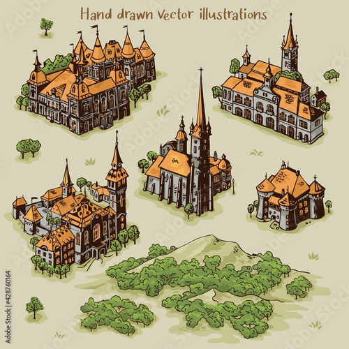Hand drawn art settlements for cartography map work with colorful buildings and landscape from Transylvania architecture