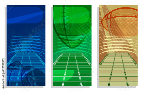 Set of vertical american fotball competition flyers with abstract field and ball. Templates for sport invitation, banners, brochures. Vector