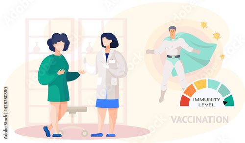 Woman communicating with nurse about vaccine. Male hero demonstrates high level of immunity