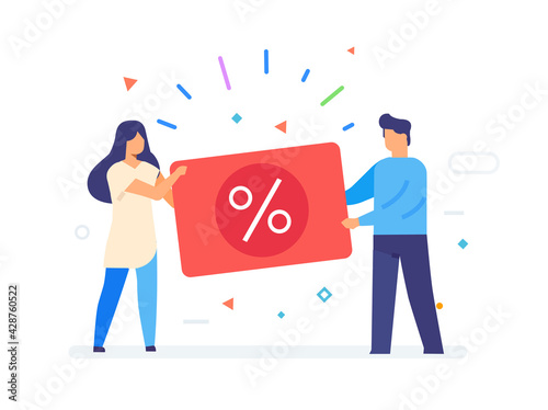 Girl and guy take a discount card. Discounts, holiday, benefit. Flat illustration Icons infographics. Landing page site print poster.