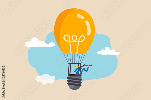 Search for new business opportunity, idea or inspiration, business visionary, challenge or achievement concept, businessman riding light bulb balloon using spyglass or telescope searching for vision. photo