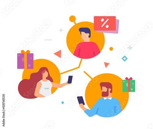 Friends exchange gifts illustration. Discounts, holiday, benefit. Flat illustration Icons infographics. Landing page site print poster.