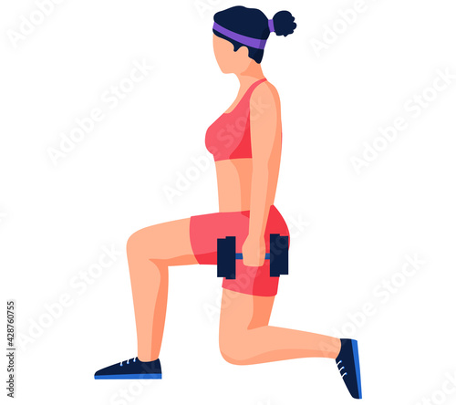 Lady, sportswoman squats with dumbbells. Fitness trainer showing movement with sports equipment