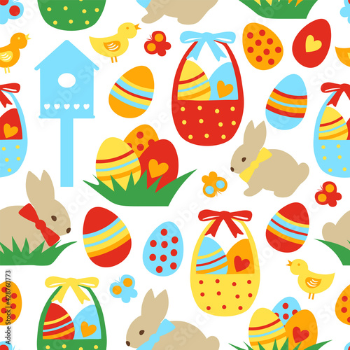 Seamless pattern with a Eggs, flowers, birds, bunny and hand written words Easter, hello.