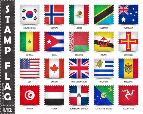 Stamp with official country flag pattern and old grunge texture and countries name . Square shape . Vector . Set 1 of 12 on this series ( All national flags of the world ) .