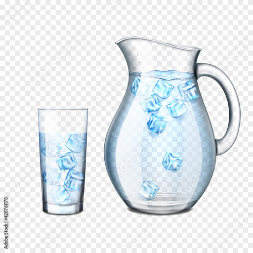 Transparent jug and glass with water and ice, isolated. 