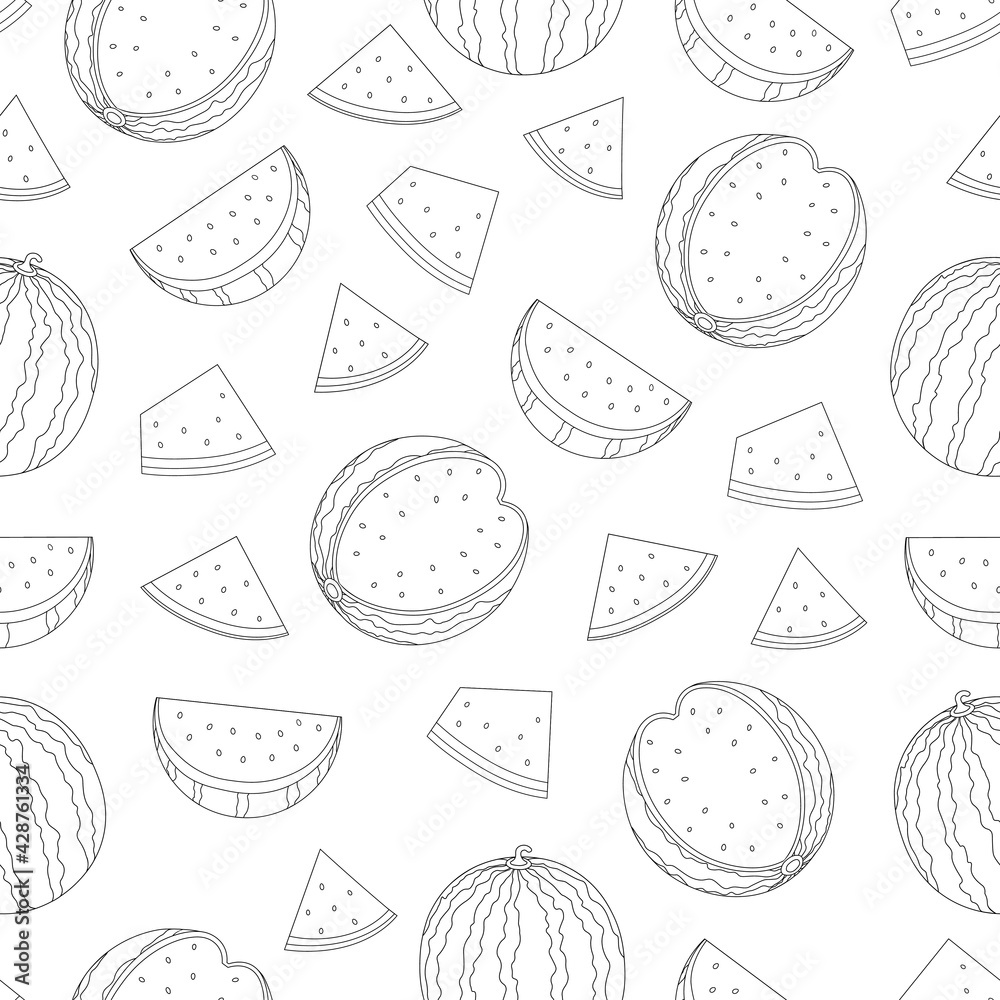 Seamless pattern watermelon graphics black and white coloring vector illustration