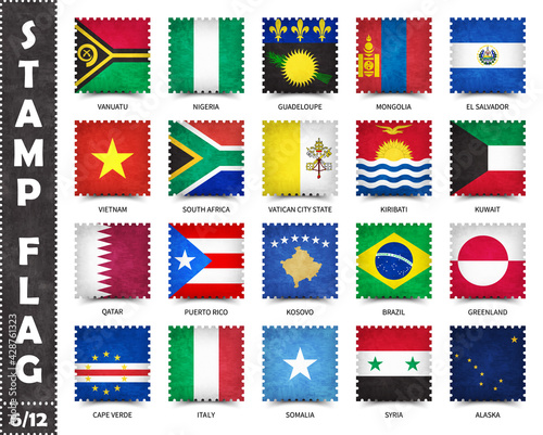 Stamp with official country flag pattern and old grunge texture and countries name . Square shape . Vector . Set 6 of 12 on this series ( All national flags of the world ) .