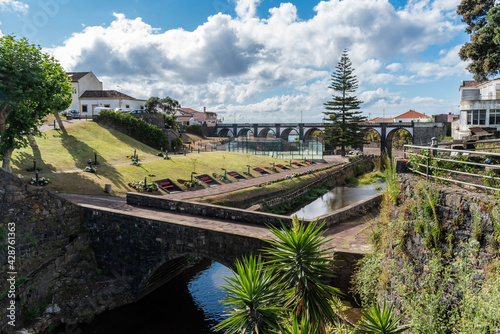 Garden with small stream and aqueduct in Ribeira Grande, São Miguel - Azores PORTUGAL photo