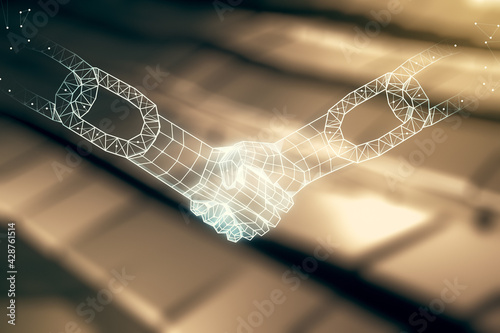 Abstract virtual block chain technology sketch with handshake on shiny metal background, future technology and blockchain concept. Double exposure