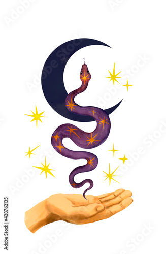 Hand holding esoteric snake with crescent moon, stars. Watercolor beautiful astrology boho illustration for mystery celectial tattoo, card photo