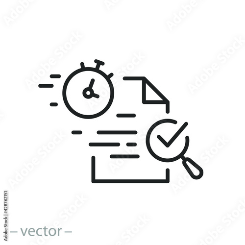 fast review document with assess, quick audit verification, time period exam, thin line web sign on white background - editable stroke vector illustration eps10