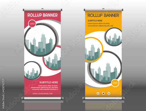 Roll up business banner design vertical template vector, cover presentation abstract geometric background, modern publication display, and flag-banner.