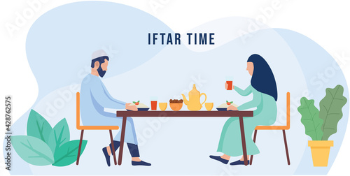 Iftar time with Family during Ramadan month, Ramadan Fasting vector illustration.