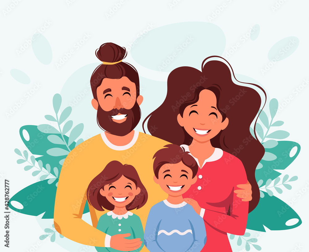 Happy family with son and daughter. Parents hugging children. Vector illustration Happy family with son and daughter. Parents hugging children. Vector illustration