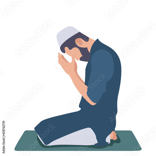 Muslim man kneeling and praying.Ramadan kareem holy month religion concept. Vector illustration