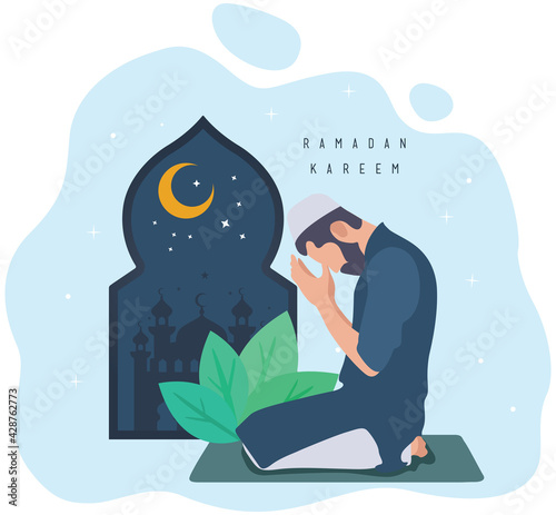Muslim man kneeling and praying.Ramadan kareem holy month religion concept. Vector illustration