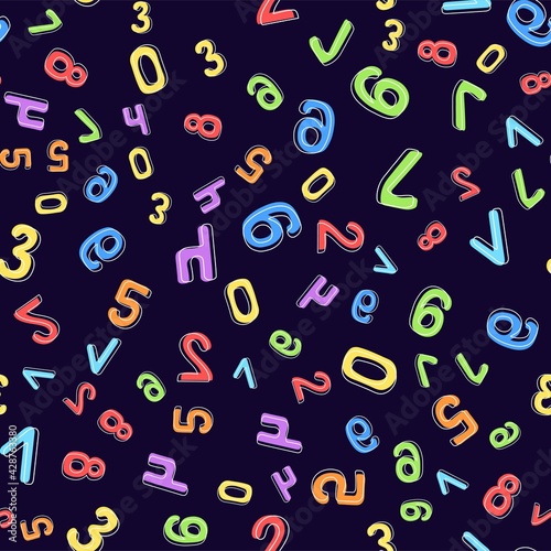 Seamless pattern of multicolored numbers on a dark background. It can be used for children's wallpaper, wrapping paper, fabric, covers, templates. Flat vector illustration.