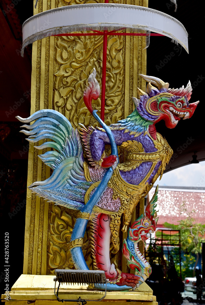 Closeup of Colorful Garuda Statue in the temple at bangkok, Thailand.