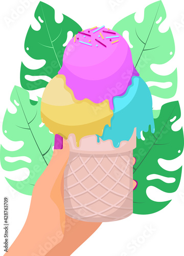 Flat vector illustration of ice cream in hand. Melting ice cream in a waffle cup with different flavors: strawberry, vanilla, berry.