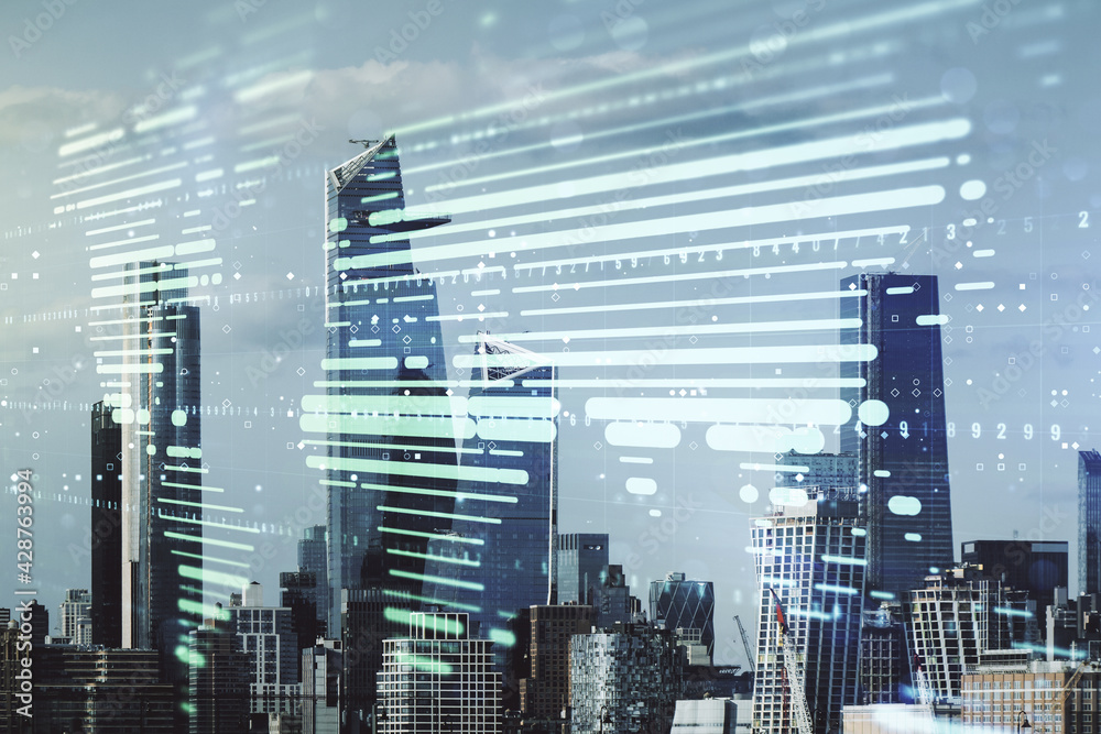Multi exposure of abstract graphic world map hologram on Manhattan office buildings background, connection and communication concept Multi exposure of abstract graphic world map hologram on Manhattan office buildings background, connection and communication concept