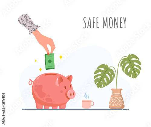 Piggy bank. Female hand puts green banknotes in money box. Save money concept. Investments in future. Financial symbol. Banking or business services. Vector illustration in flat cartoon style.