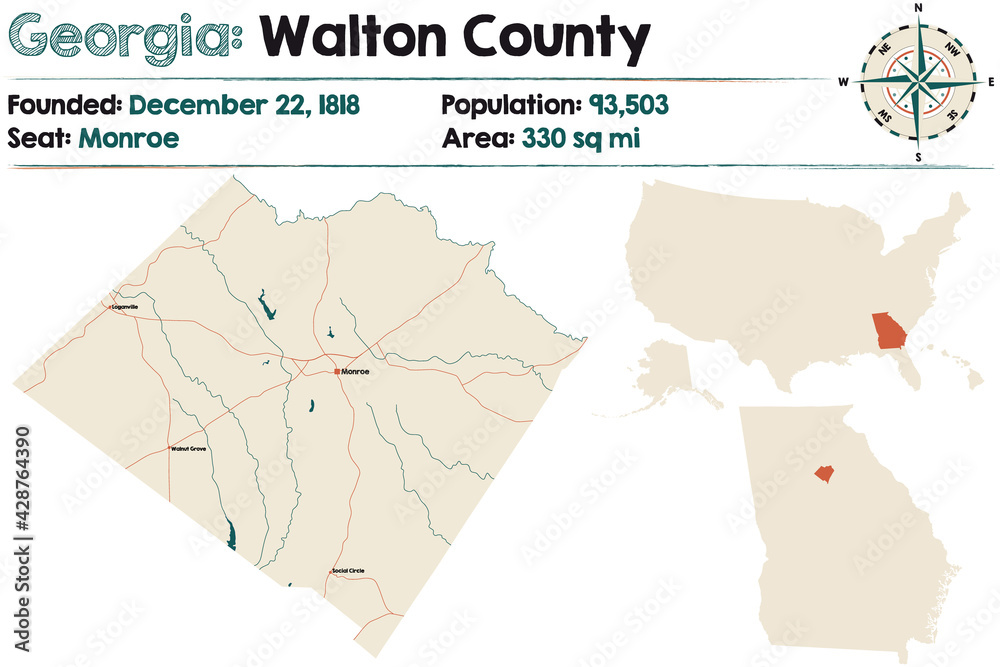 Large and detailed map of Walton county in Georgia, USA.