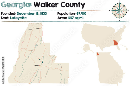 Large and detailed map of Walker county in Georgia, USA.