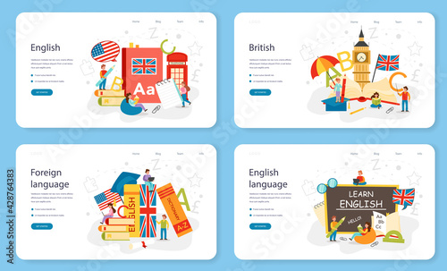 English class web banner or landing page set. Study foreign languages in school