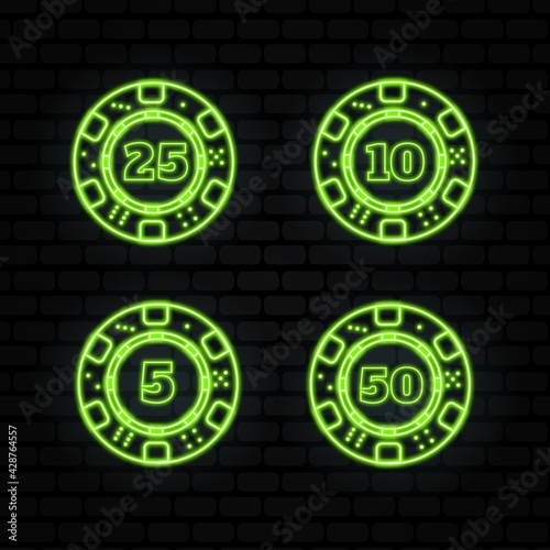 Poker chips neon collection vector icons set. Isolated on black Background. Casino Emblems and Labels, Bright Neon Sign, Poker. Vector illustration	