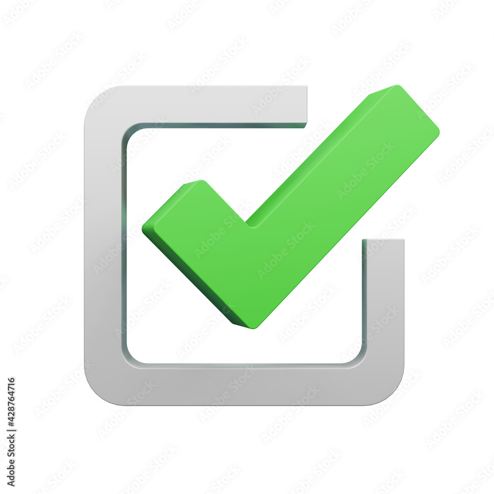 Green checkmark in the rounded square. 3D symbol on a white background Green checkmark in the rounded square. 3D symbol on a white background